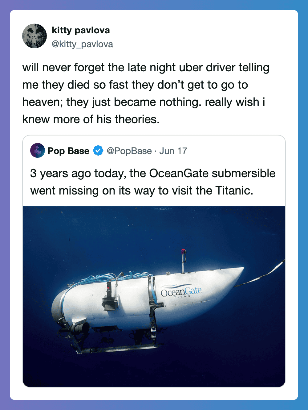 Twitter post about OceanGate submersible missing, with a photo of the sub underwater.