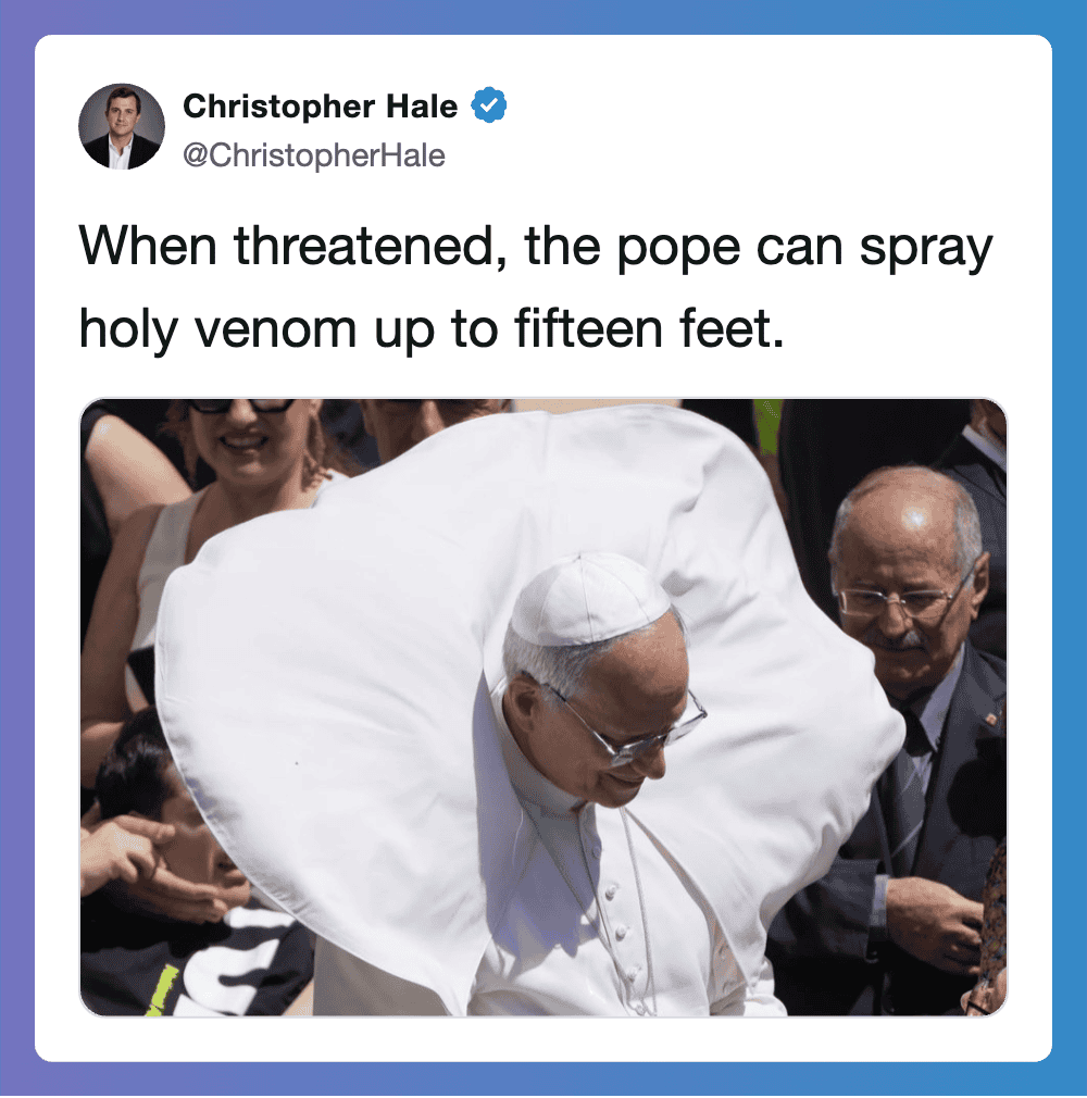 Pope Francis with a large white cape, surrounded by people, with a humorous caption.