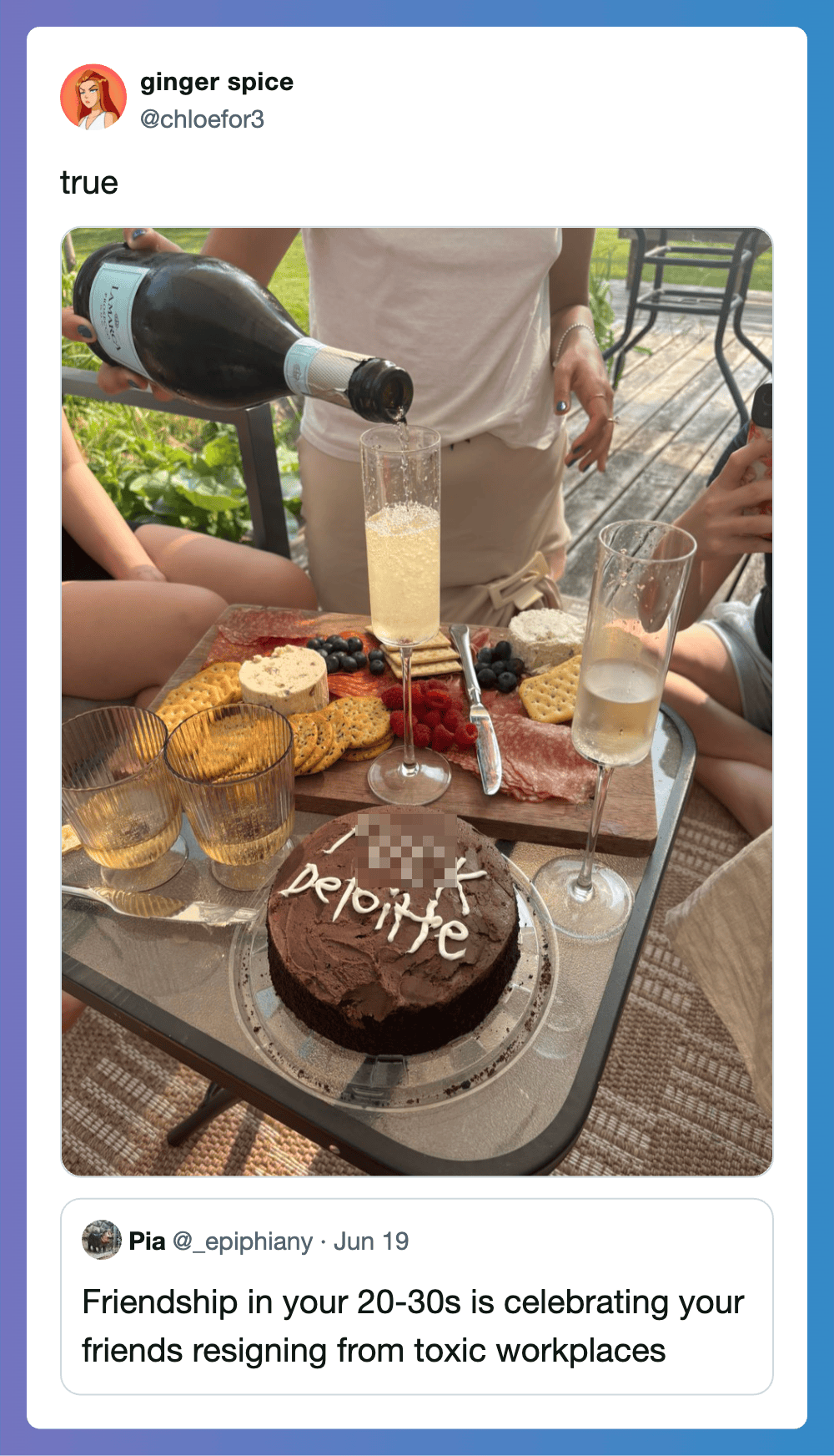 Celebrating friendship with wine, cake, and snacks outdoors.