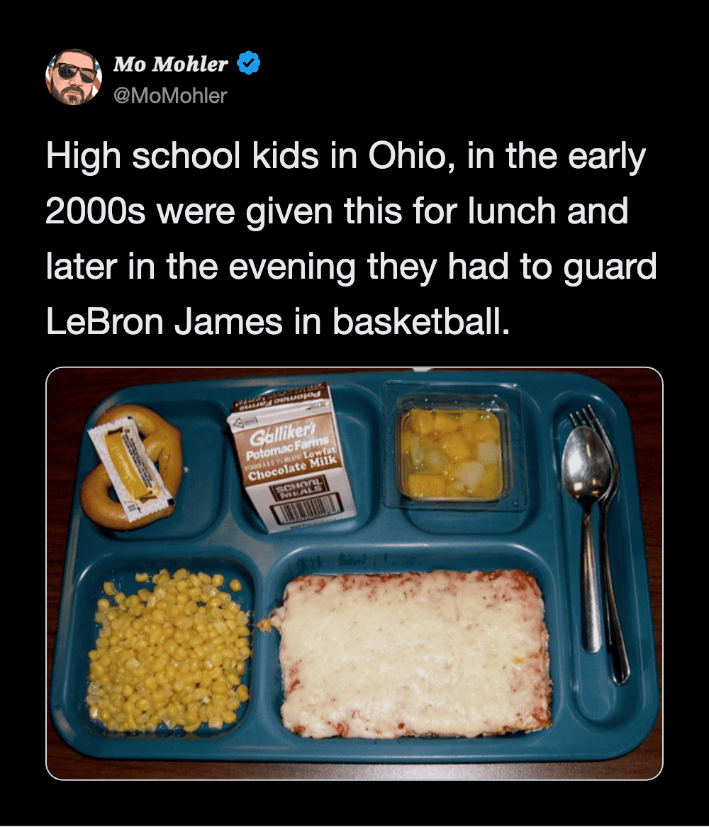 High school kids in Ohio's early 2000s with lunch tray and food items.