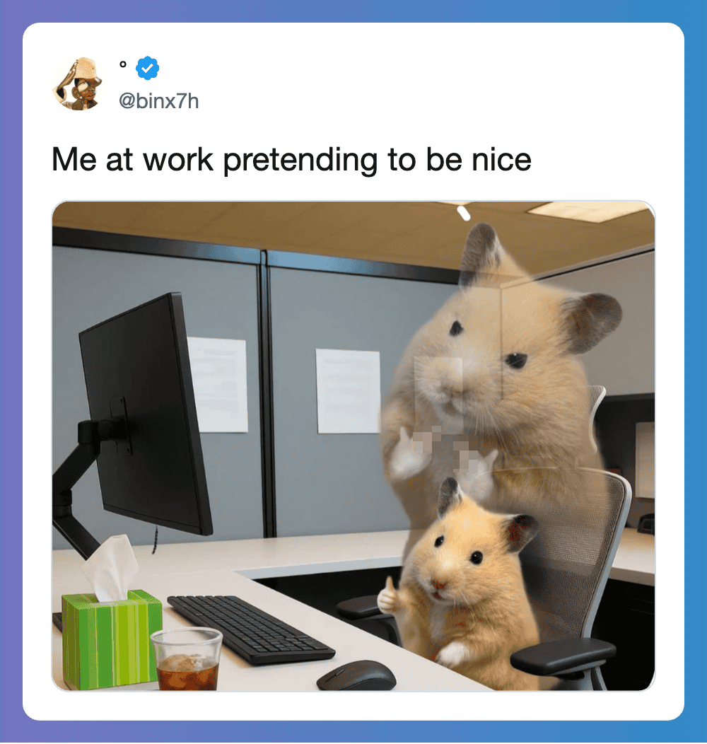 Hamsters at a desk with a computer, pretending to be nice at work.