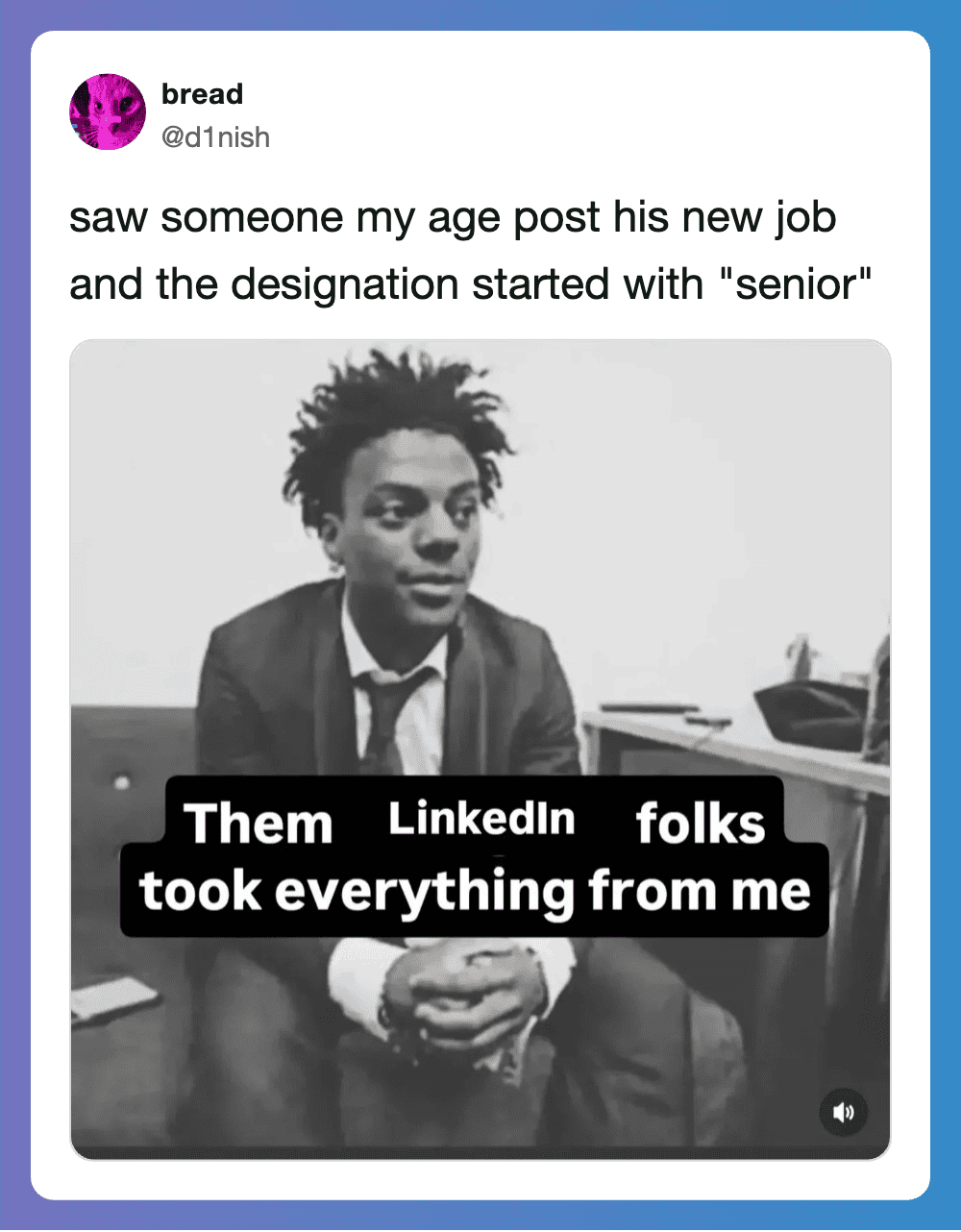 Person in a suit with text overlay about LinkedIn and job theft.
