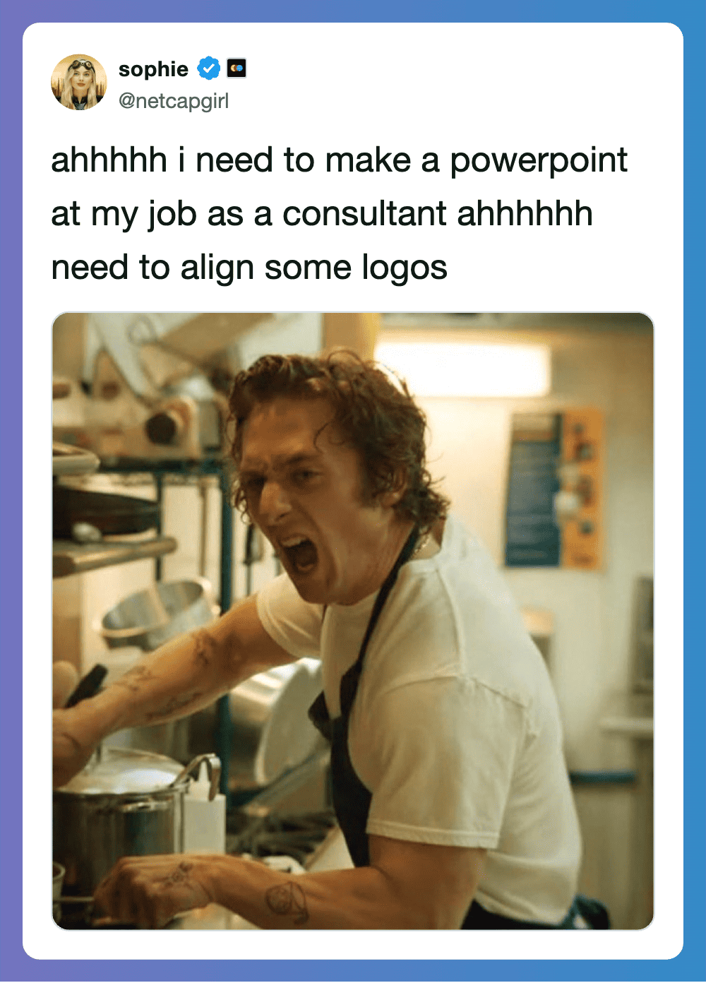 Person in a kitchen looking frustrated, text about making a PowerPoint at work.