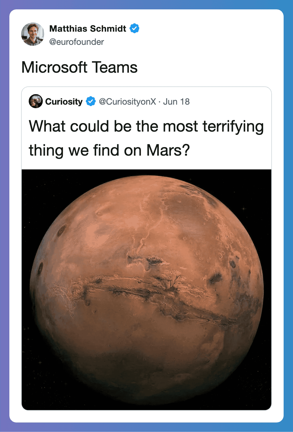 Microsoft Teams tweet about Mars with an image of the planet Mars.