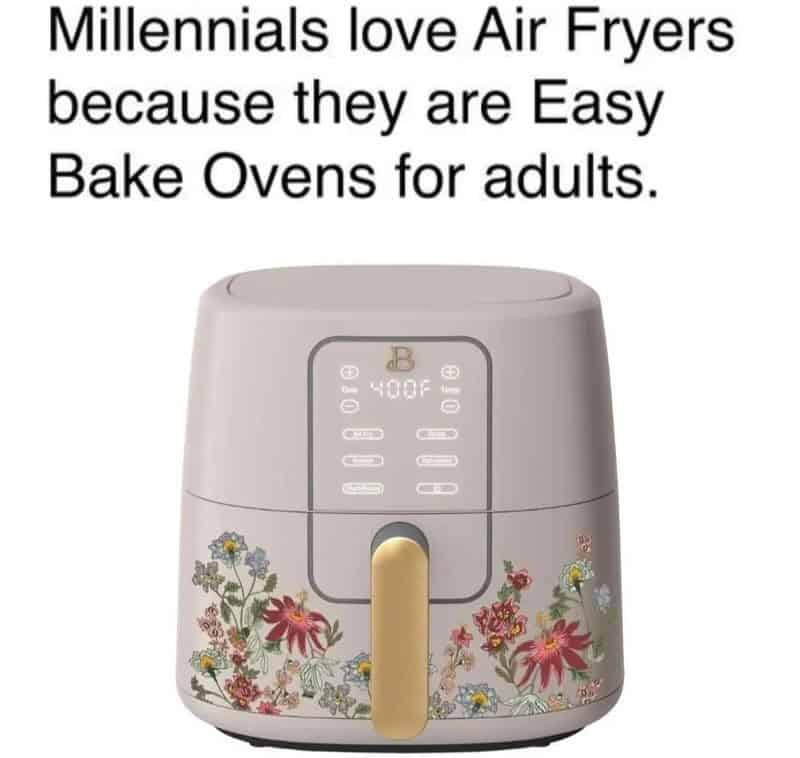 Air Fryer with floral design and digital controls, popular among millennials for easy baking.