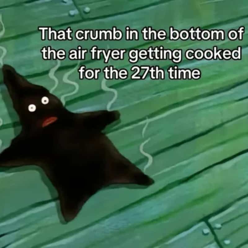 Crumb in air fryer getting cooked, cartoon character lying on green surface.