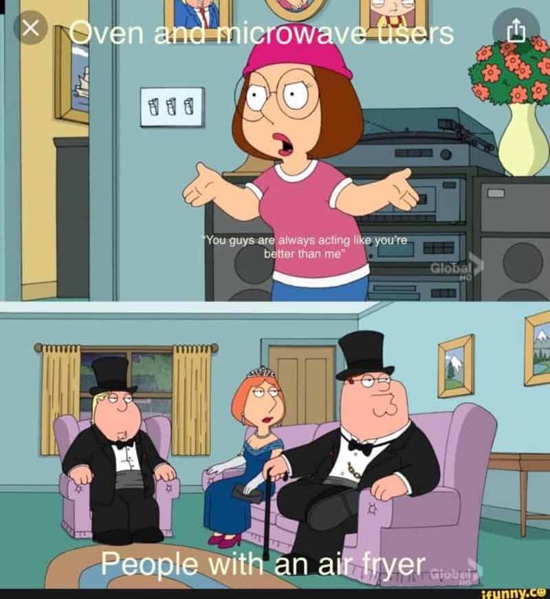 Family Guy characters with an air fryer, with Lois speaking about microwave users.