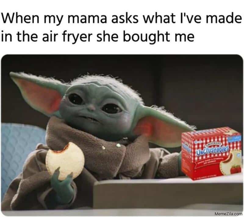 Baby Yoda holding a snack with a box of Uncrustables in front of him, with text above.