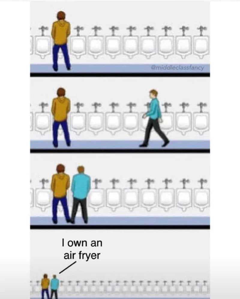 A woman and a man are standing in front of a row of urinals in a bathroom.