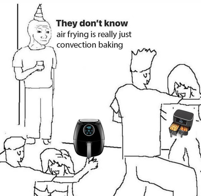 Air fryer illustration with kids and a person cooking, humorous caption about air frying versus conv.