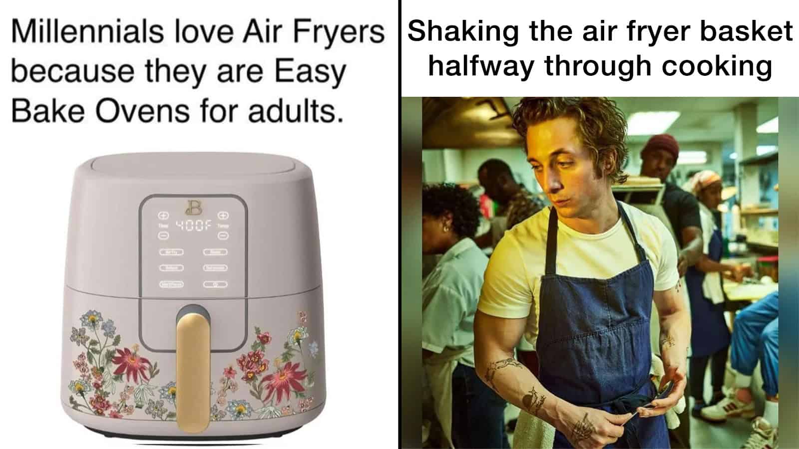 Air fryer with floral design, used by millennials for easy baking.
