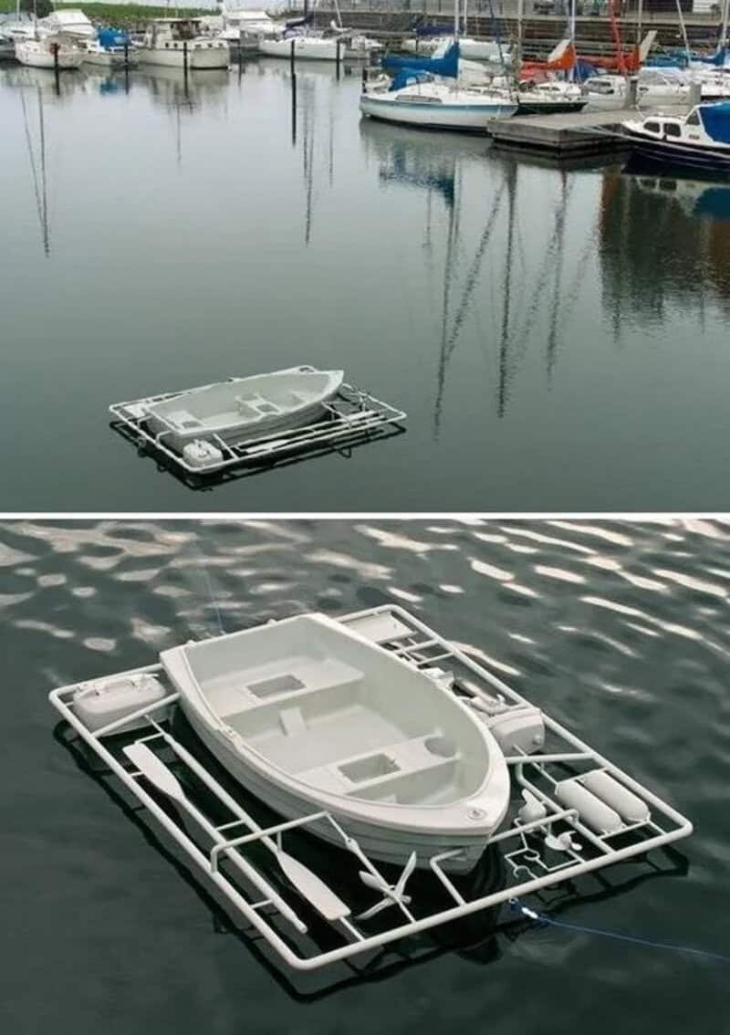 Floating boat dock with a small boat on calm water at marina.
