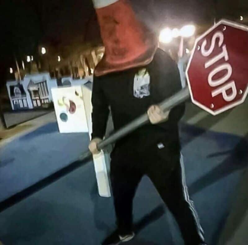 A person holding a stop sign on a street at night.
