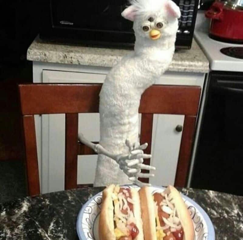 Humorous puppet with a long neck and glasses behind hot dogs on a plate.