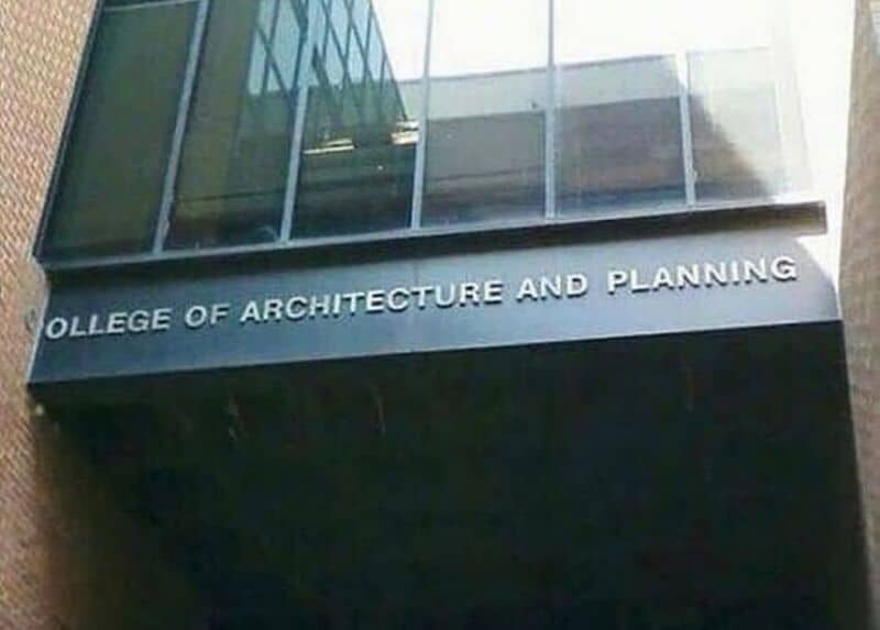 "College of Architecture and Planning" sign on a building facade.