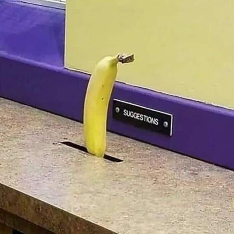 Banana with a camera lens on top, leaning against a wall near a "Suggestions" sign.