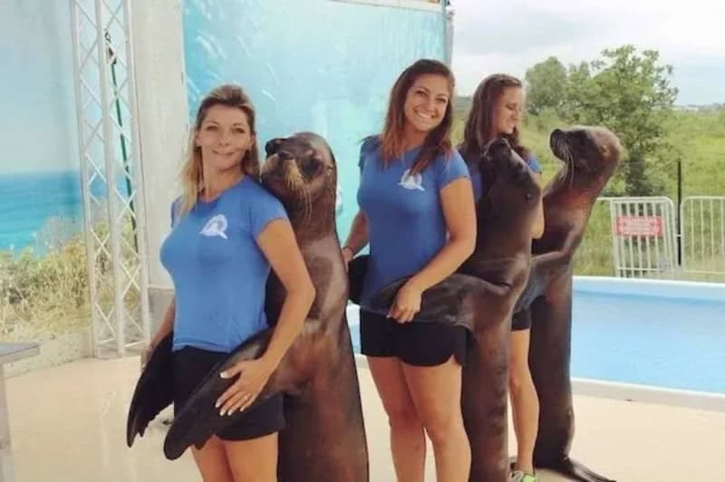 Three women in blue shirts with otters at an outdoor facility, smiling and posing for the photo.