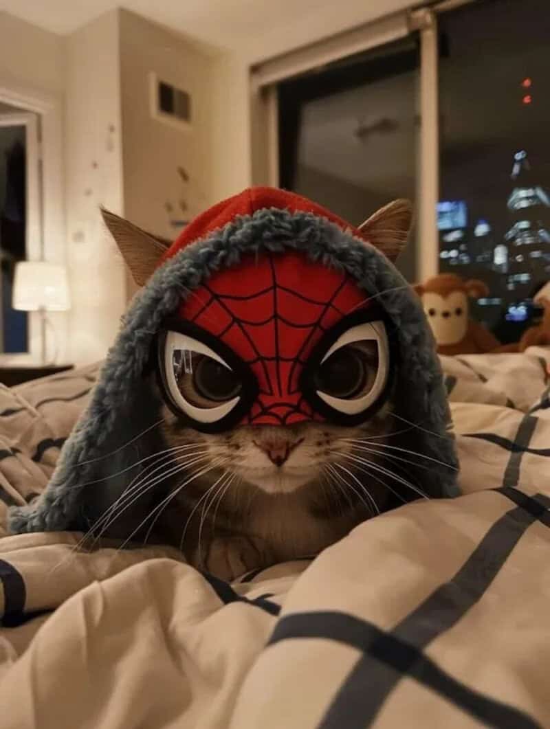 Spiderman hoodie on a cat with a city skyline in the background at night.