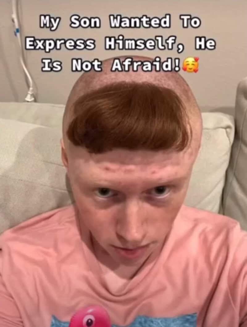 Child with a poorly cut hairstyle, text overlay about expressing himself.