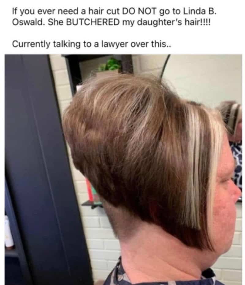 Haircut fail with uneven, choppy style and a bald patch at the back.