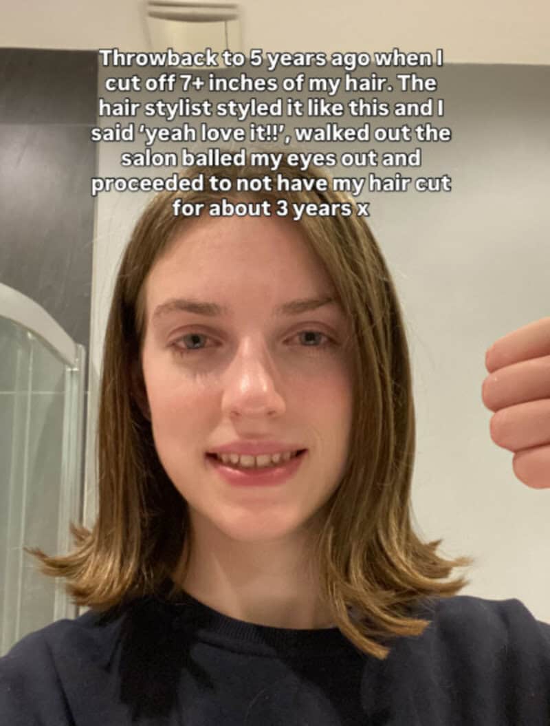 Young woman with shoulder-length hair smiling, with text about a past haircut fail.