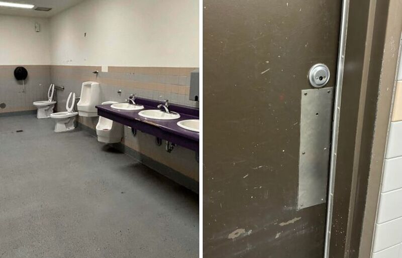 Public restroom with multiple toilets and sinks, door lock with metal plate.