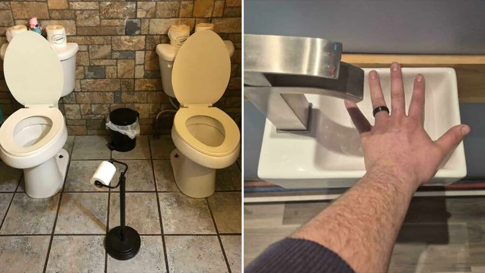 Two toilets with a shared toilet paper holder and a hand pressing a faucet.