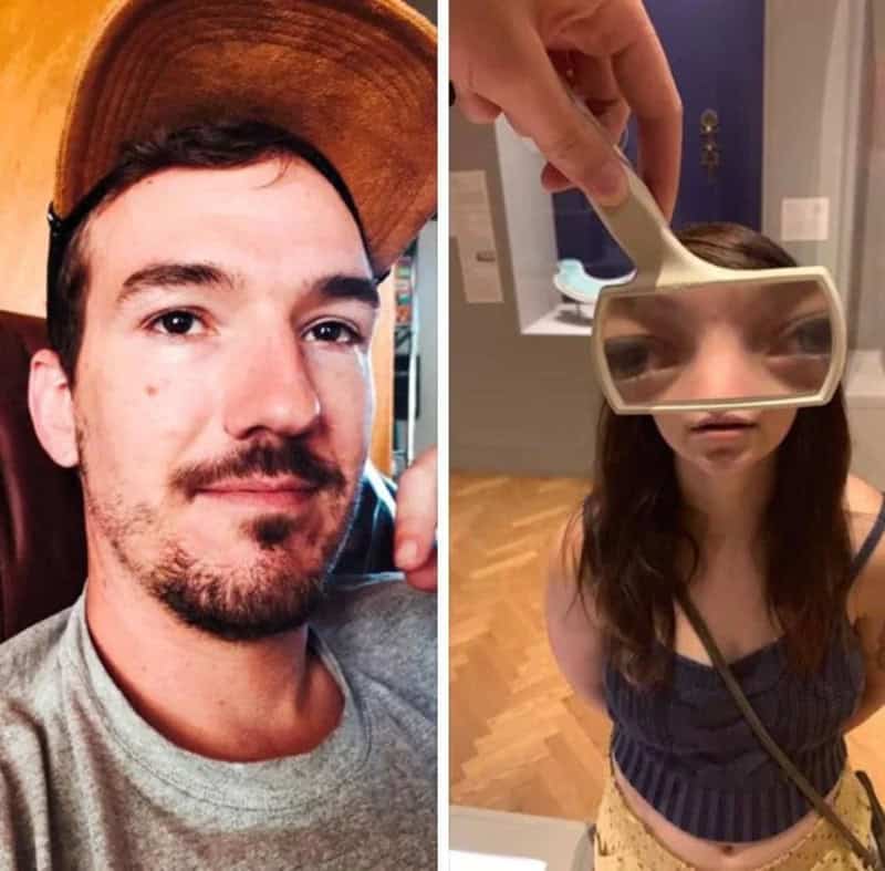 Man with a hat and a woman with a mirror on her face in a room.
