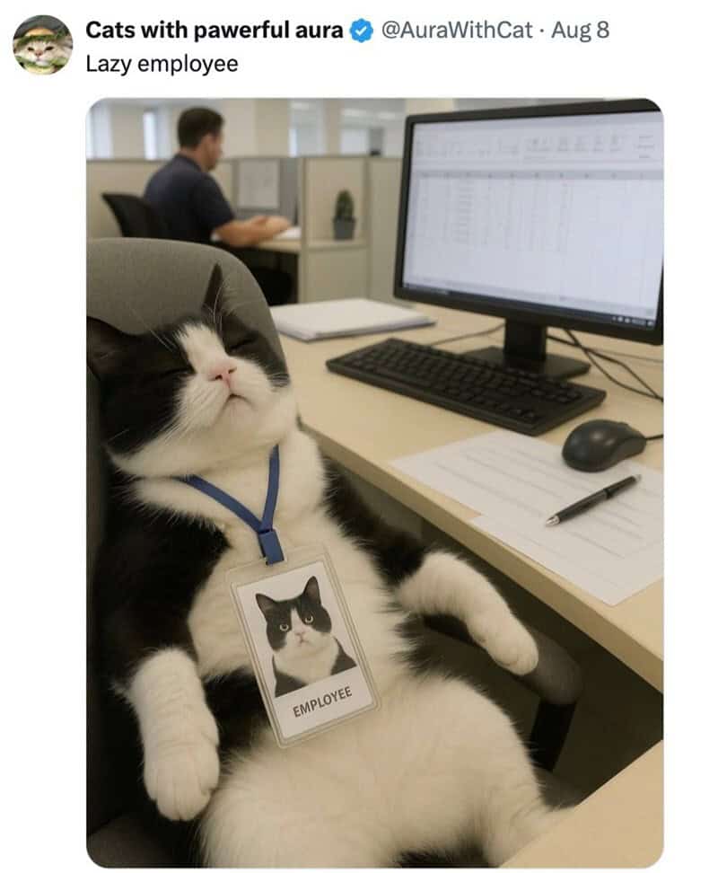 Black and white cat with employee ID badge at office desk, looking relaxed.