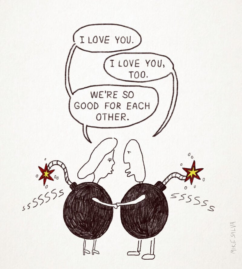 A woman and a man with bomb bodies holding hands, exchanging love words, with bombs as heads explodi.