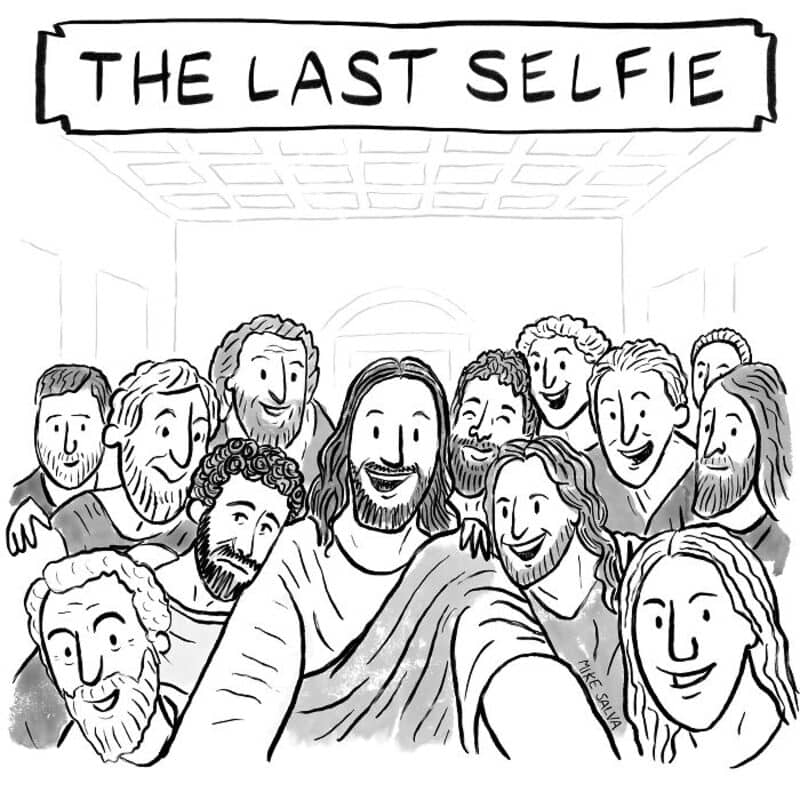 "THE LAST SELFIE" sign above a group of smiling people taking a selfie together.