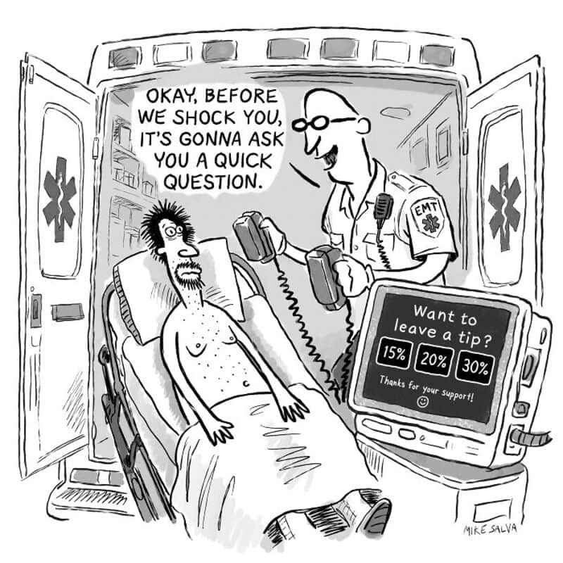 Paramedic asking patient about leaving a tip in ambulance, humorous cartoon.