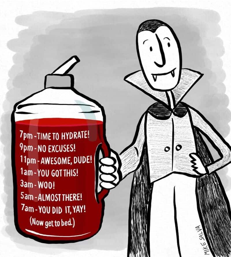 7pm - TIME TO HYDRATE! 9pm - NO EXCUSES! 11pm - AWESOME, DUDE! 1am - YOU GOT THIS! 3am - WOO! 5am -.