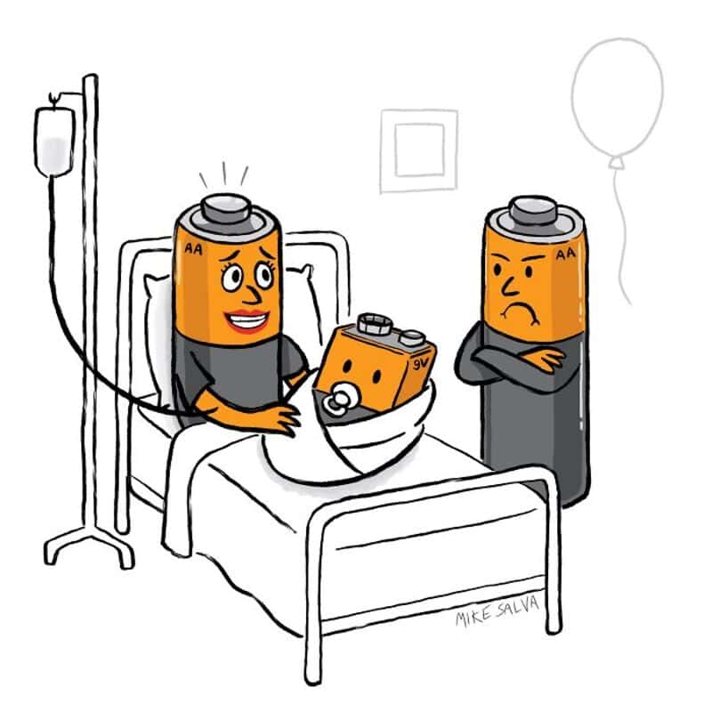 AA batteries as a patient in a hospital bed with an IV drip, a nurse battery holding a remote, and a.