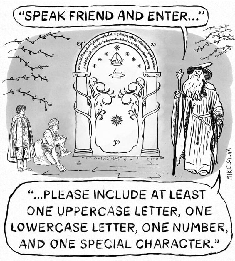 "Speak friend and enter" door inscription with wizard and two children, one sitting and one standing.