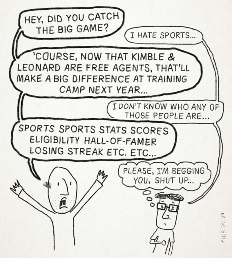 Hand-drawn comic of two characters discussing sports and training camp.
