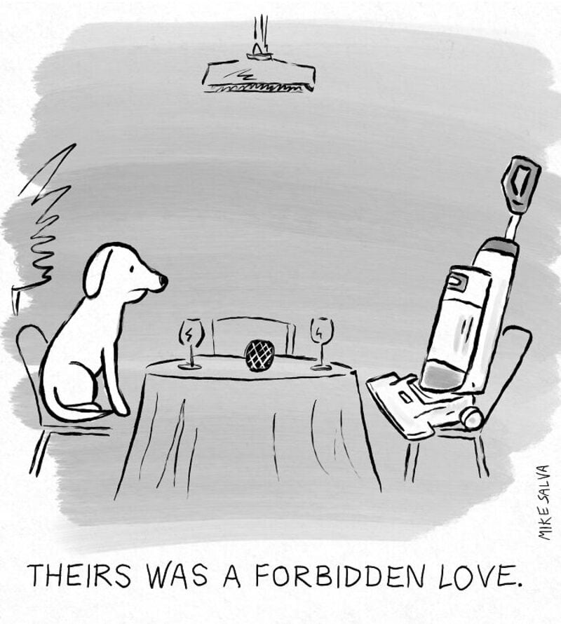 Dog and robot sharing a romantic dinner with candles, titled "THEIRS WAS A FORBIDDEN LOVE.".