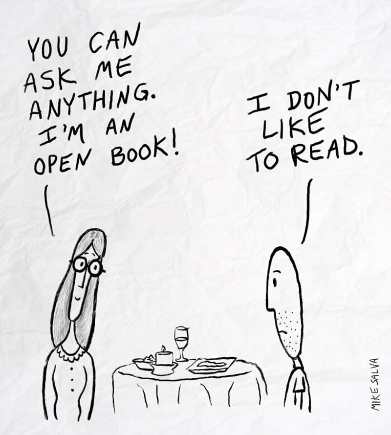 Woman as open book, man says he doesn't like to read, humorous cartoon.