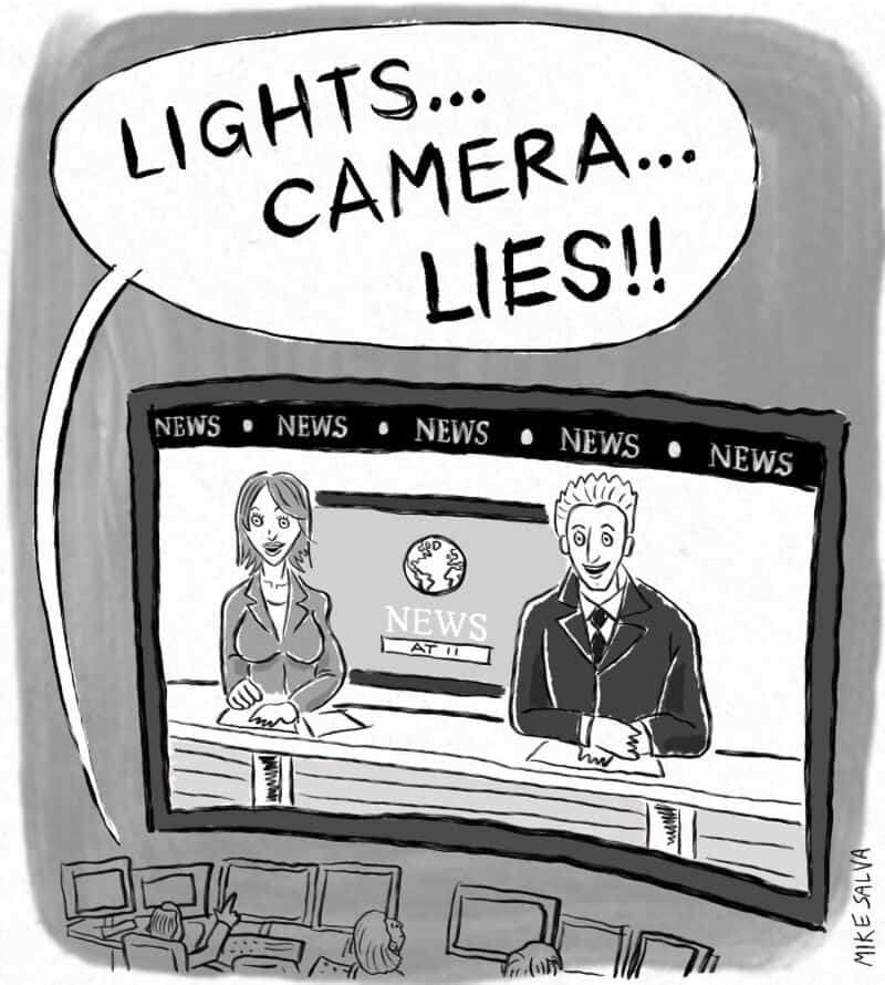 "Lights... Camera... Lies!!" speech bubble over a news broadcast scene with two anchors.