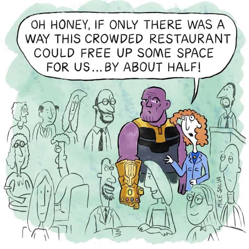 Crowded restaurant with Thanos and wife discussing space for us.