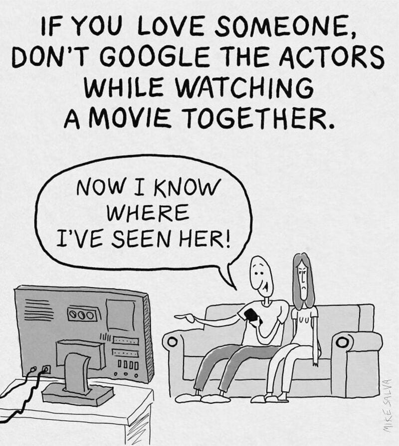 "Don't Google actors while watching a movie together" humorous comic of a couple watching TV, one po.
