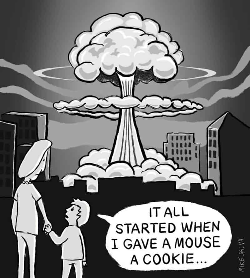 Cartoon of a nuclear explosion with two children in the foreground.
