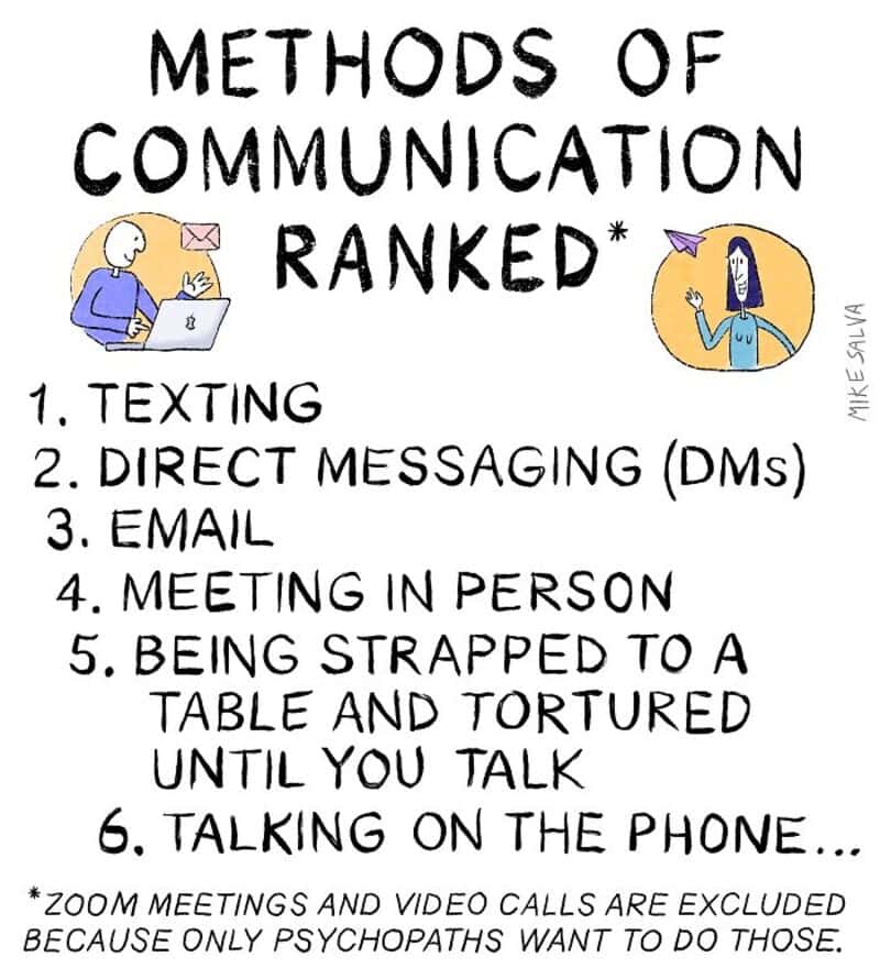 Methods of communication ranked: texting, DMs, email, in-person, being tied and tortured, phone call.