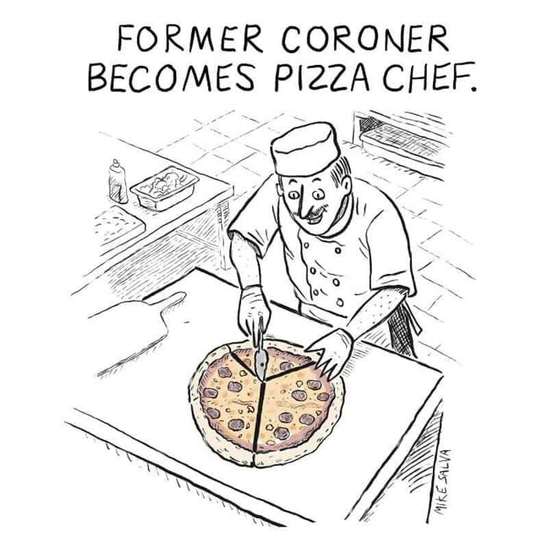 Former coroner becomes pizza chef, slicing pizza in kitchen.