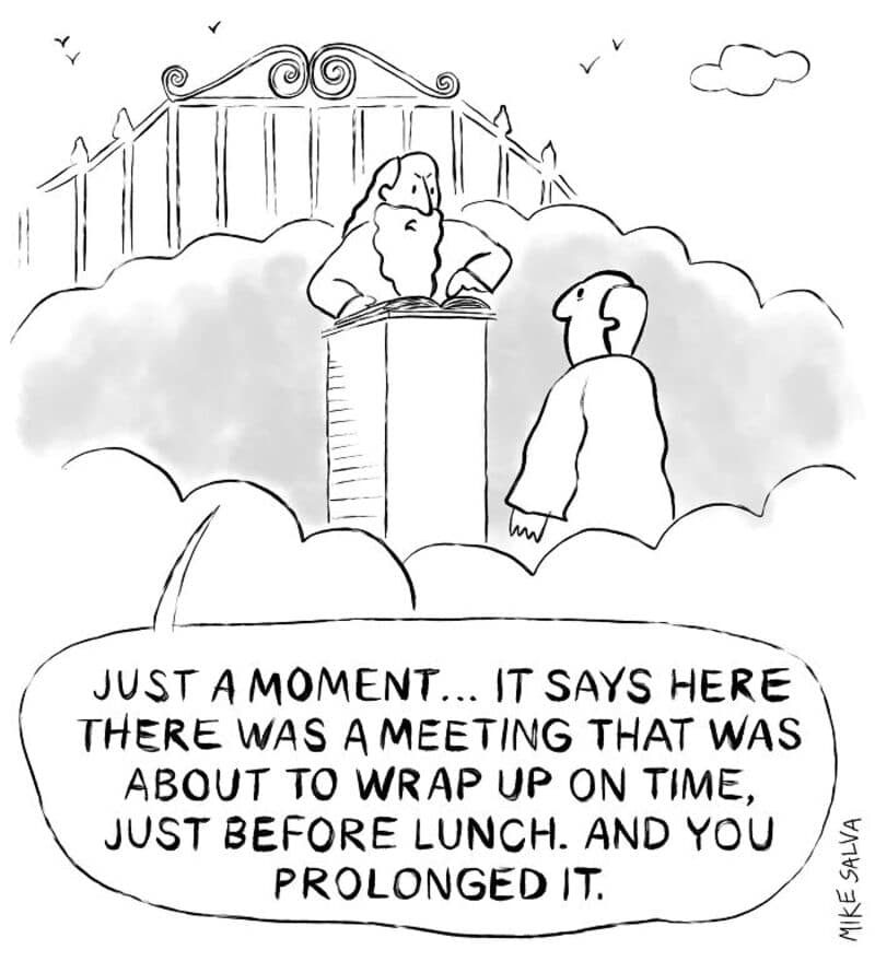 Cartoon of a person and a bird in a park with a speech bubble about a meeting and lunch.