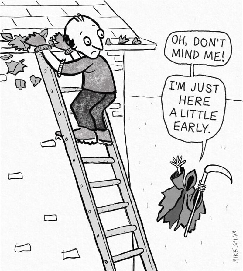 A ladder leaning against a house with a person on it and a small Grim Reaper figure below.