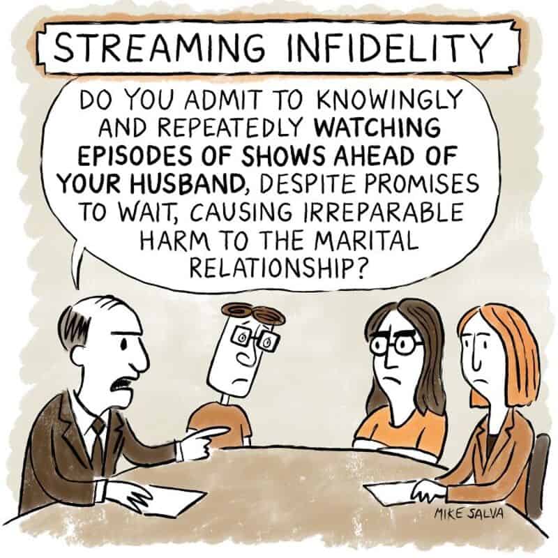 Streaming infidelity cartoon with four people at a table discussing betrayal.