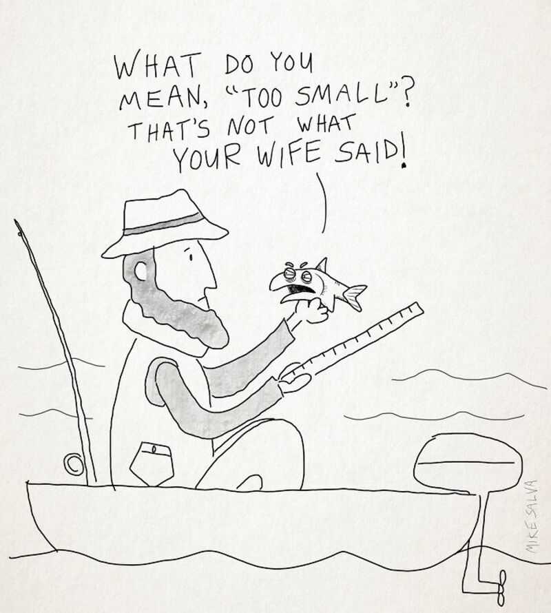 Man fishing in a boat holding a ruler, talking to a small fish with glasses.