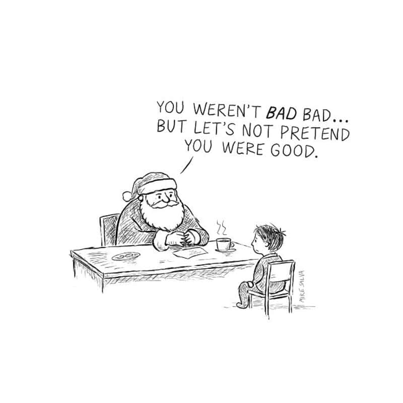 "Santa and child having a serious conversation about honesty and behavior.".