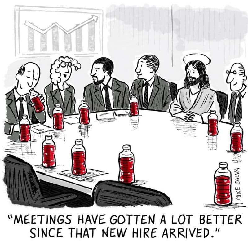 Improved productivity at meetings with new hire, as shown by the cartoon of people around a conferen.